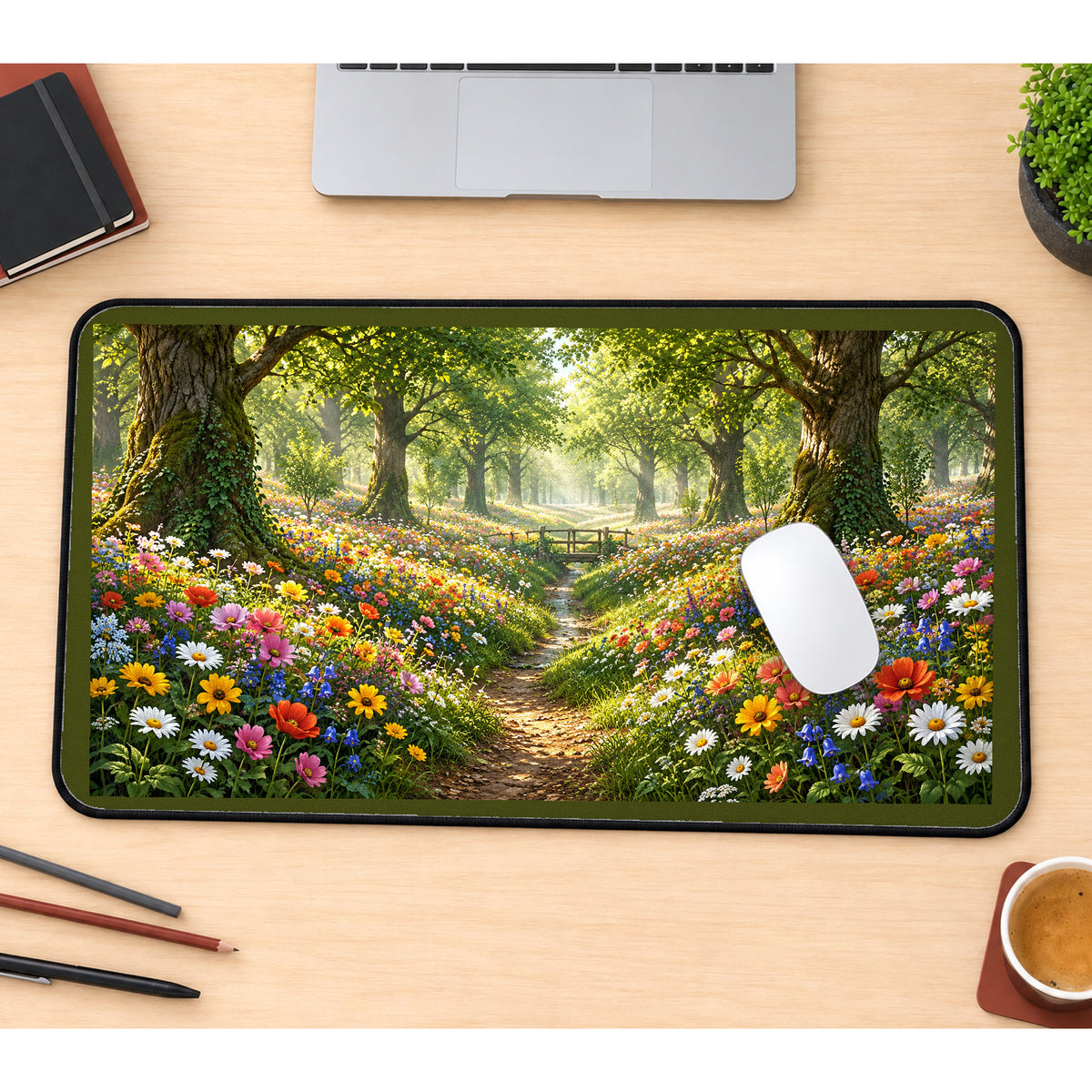 Sunlit Forest Wildflower Path desk mat — product mockup 1