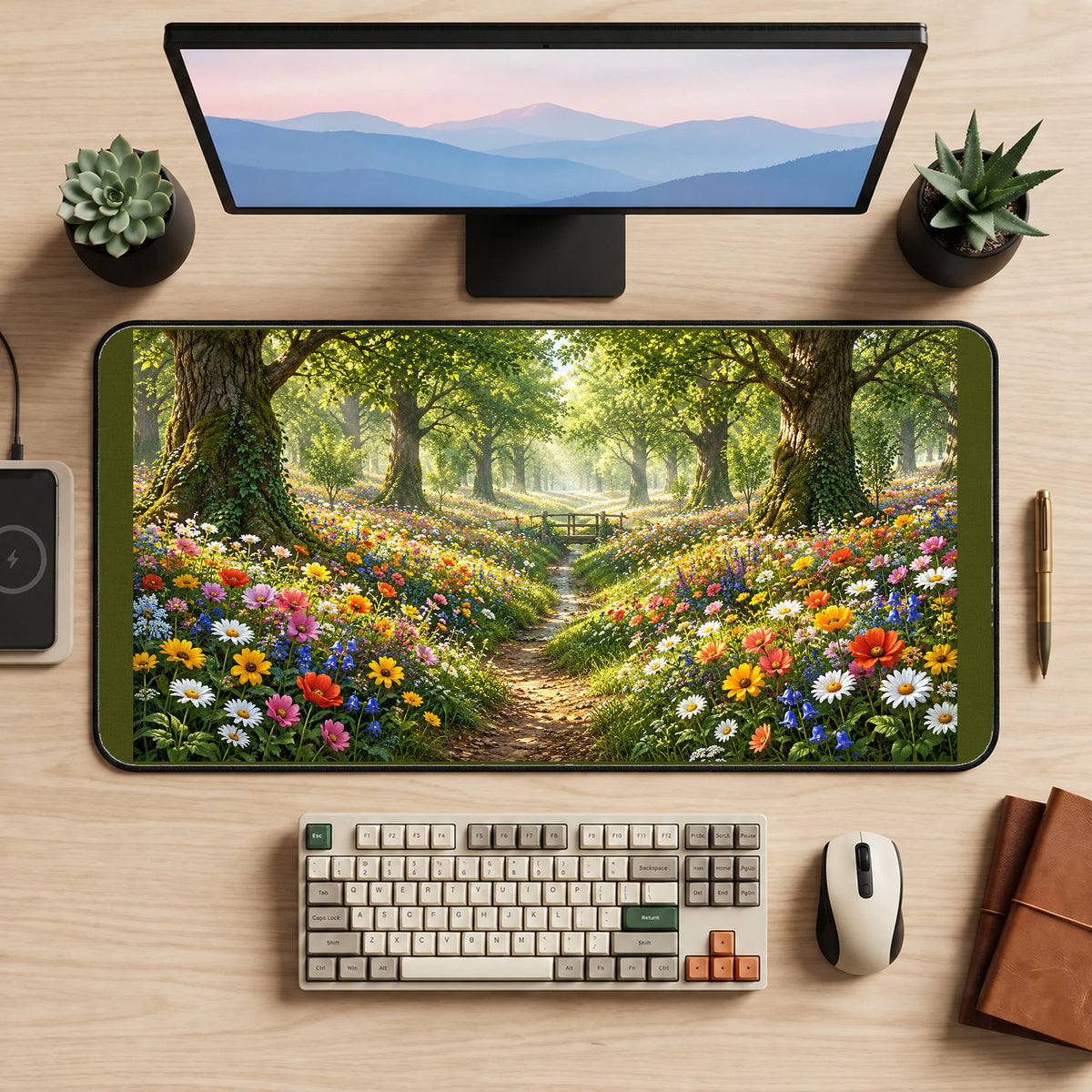 Sunlit Forest Wildflower Path desk mat — product mockup 2