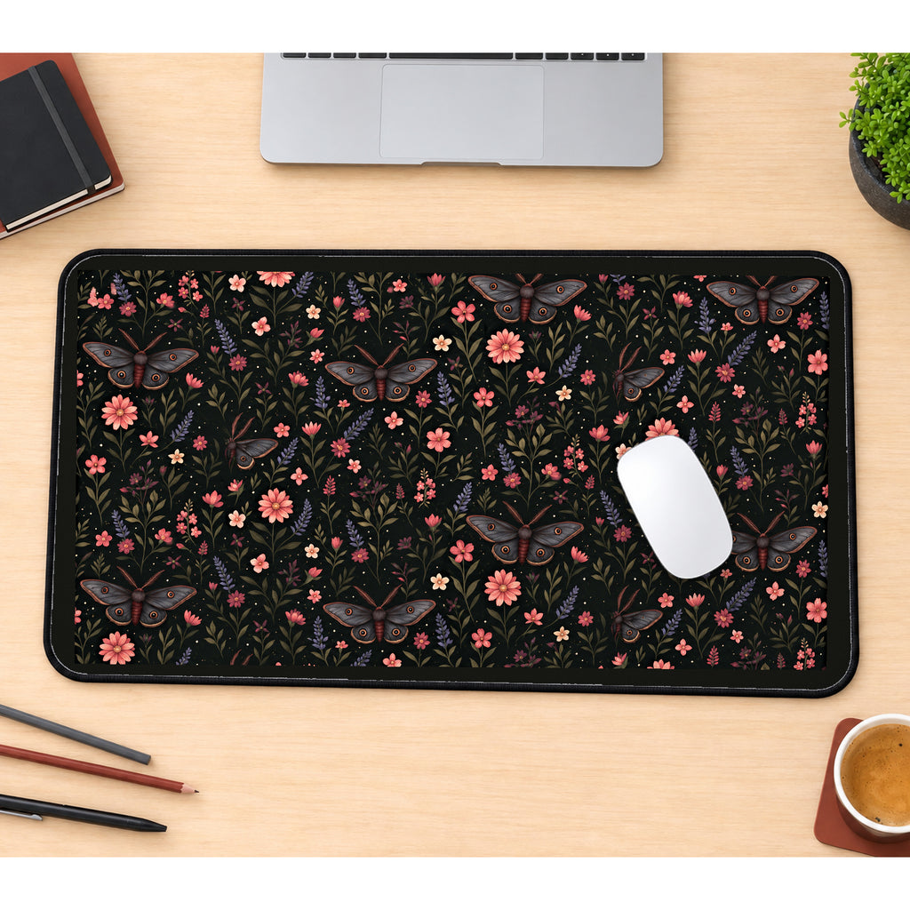 Dark Floral Moth Pattern desk mat — product mockup 1