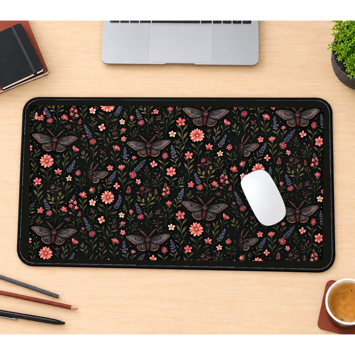 Dark Floral Moth Pattern desk mat — product mockup 1