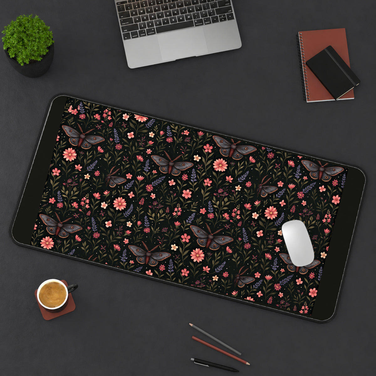 Dark Floral Moth Pattern desk mat — product mockup 3