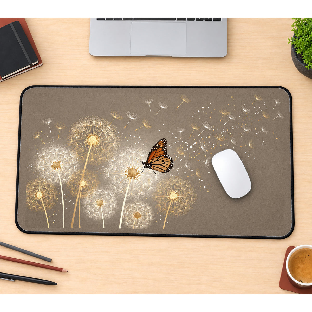 Monarch Butterfly and Dandelions desk mat — product mockup 1