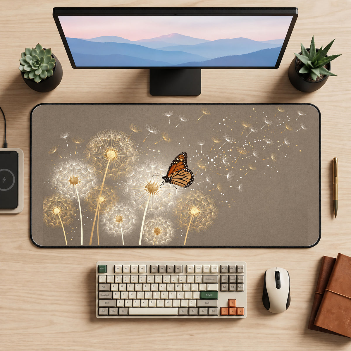 Monarch Butterfly and Dandelions desk mat — product mockup 2