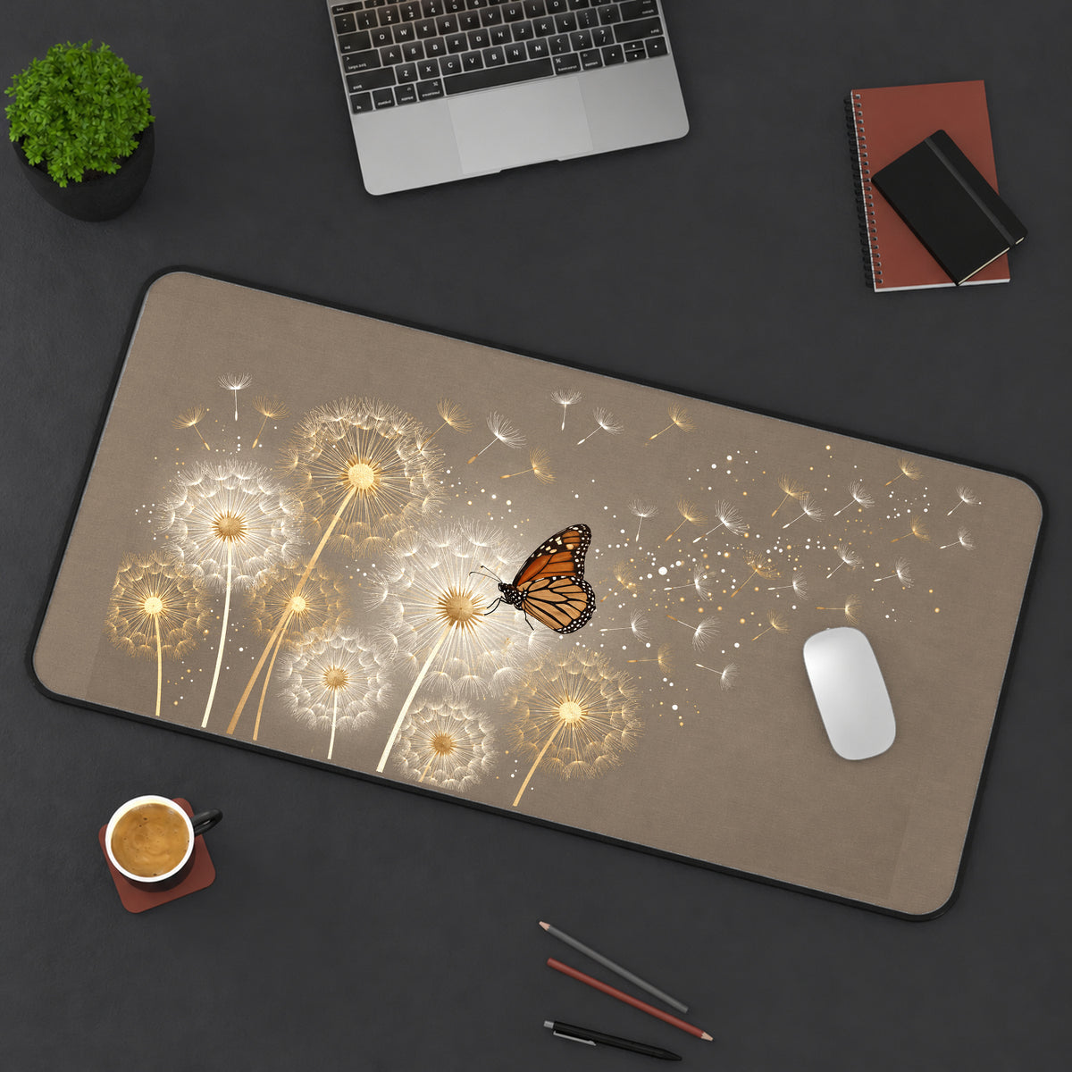Monarch Butterfly and Dandelions desk mat — product mockup 3