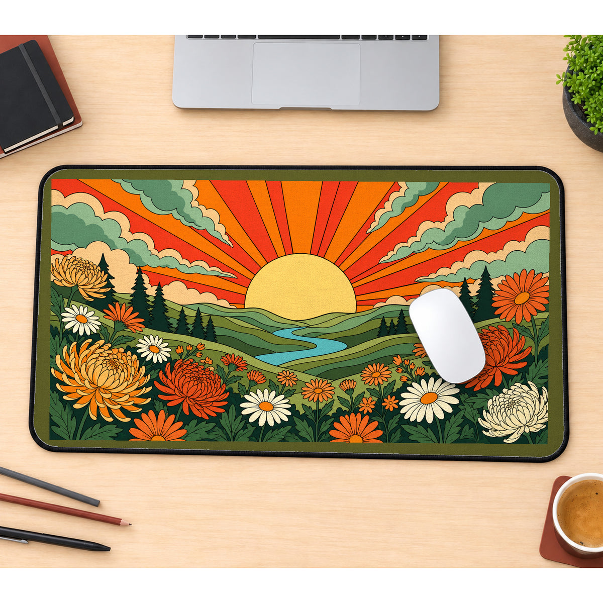 Retro Sunset Wildflower Valley desk mat — product mockup 1