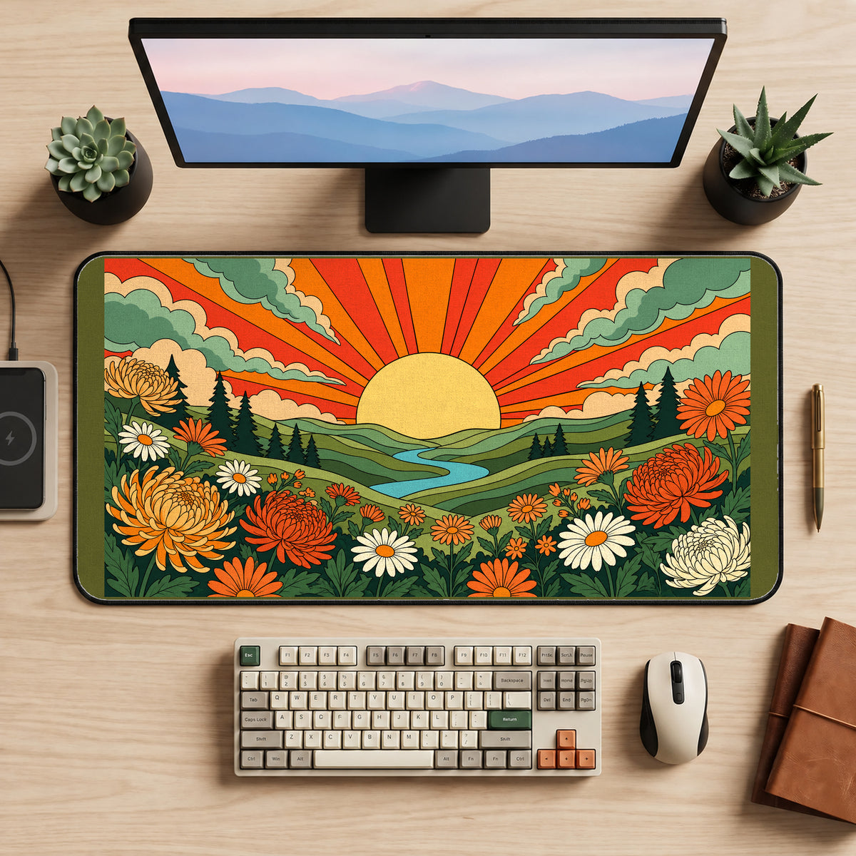 Retro Sunset Wildflower Valley desk mat — product mockup 2