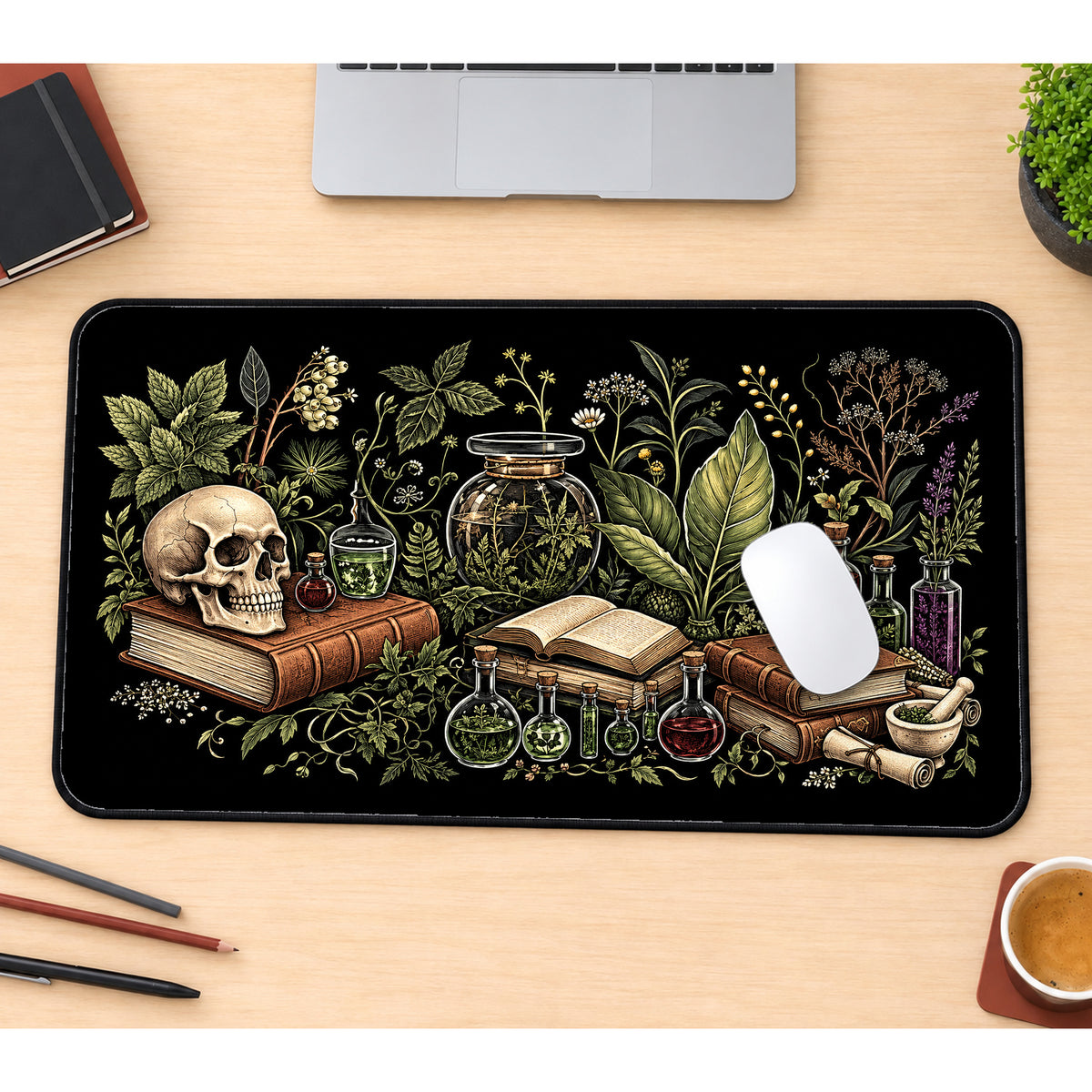 Gothic Apothecary Books and Skull desk mat — product mockup 1