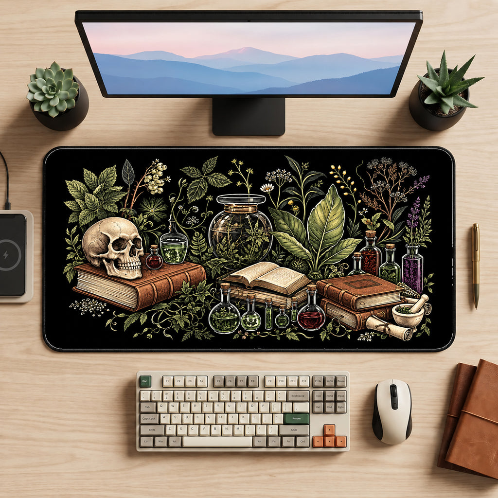 Gothic Apothecary Books and Skull desk mat — product mockup 2