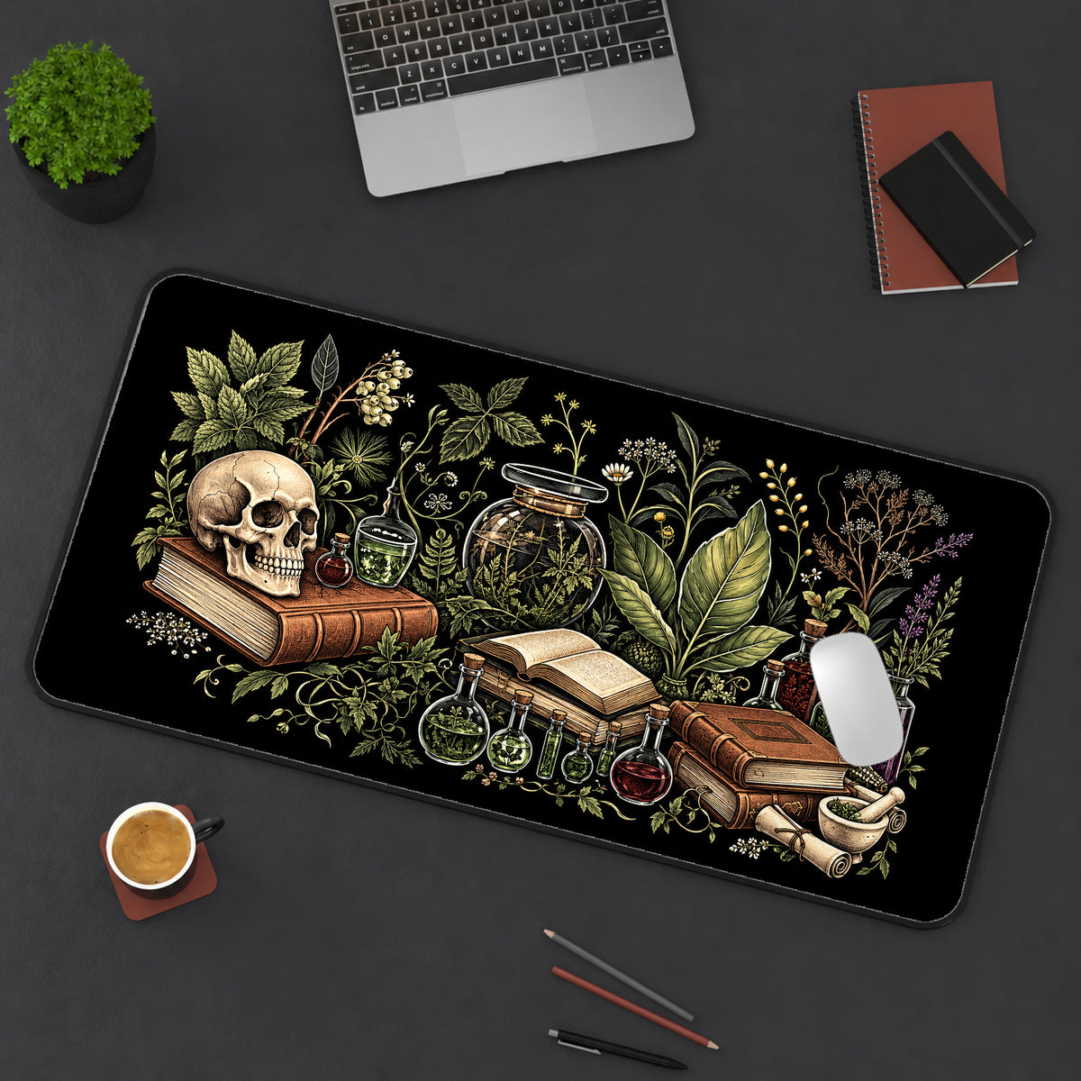Gothic Apothecary Books and Skull desk mat — product mockup 3