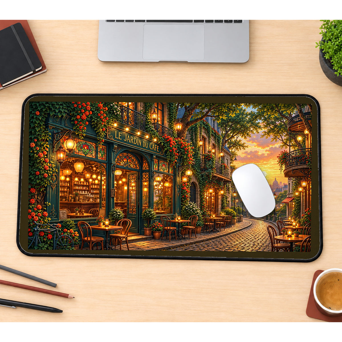 Parisian Flower Cafe at Sunset desk mat — product mockup 1