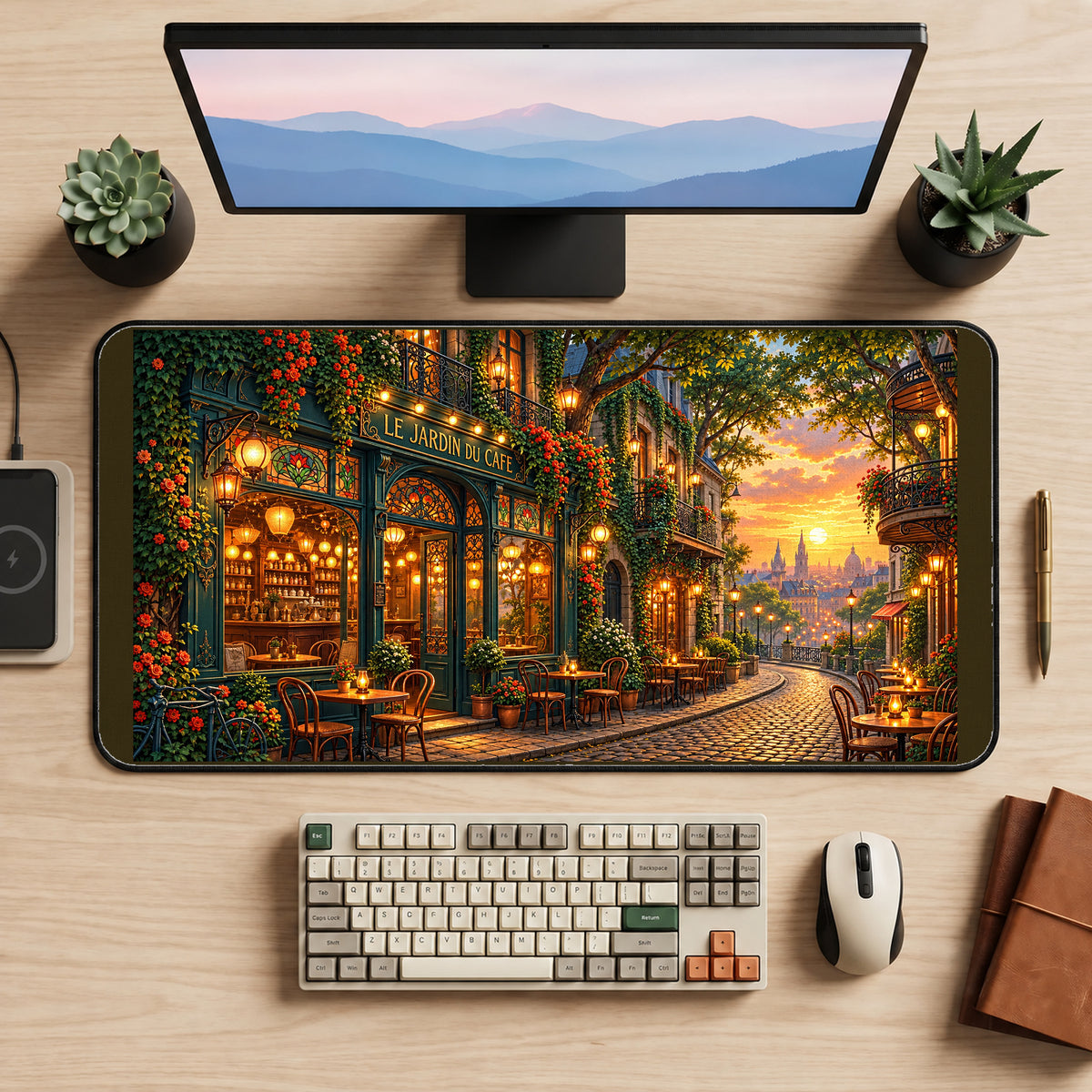 Parisian Flower Cafe at Sunset desk mat — product mockup 2