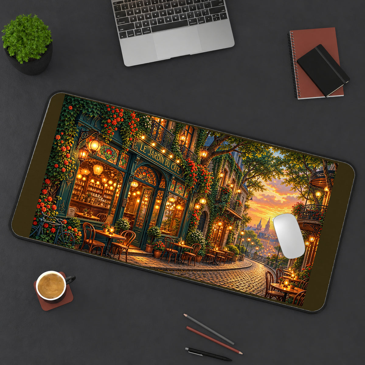 Parisian Flower Cafe at Sunset desk mat — product mockup 3