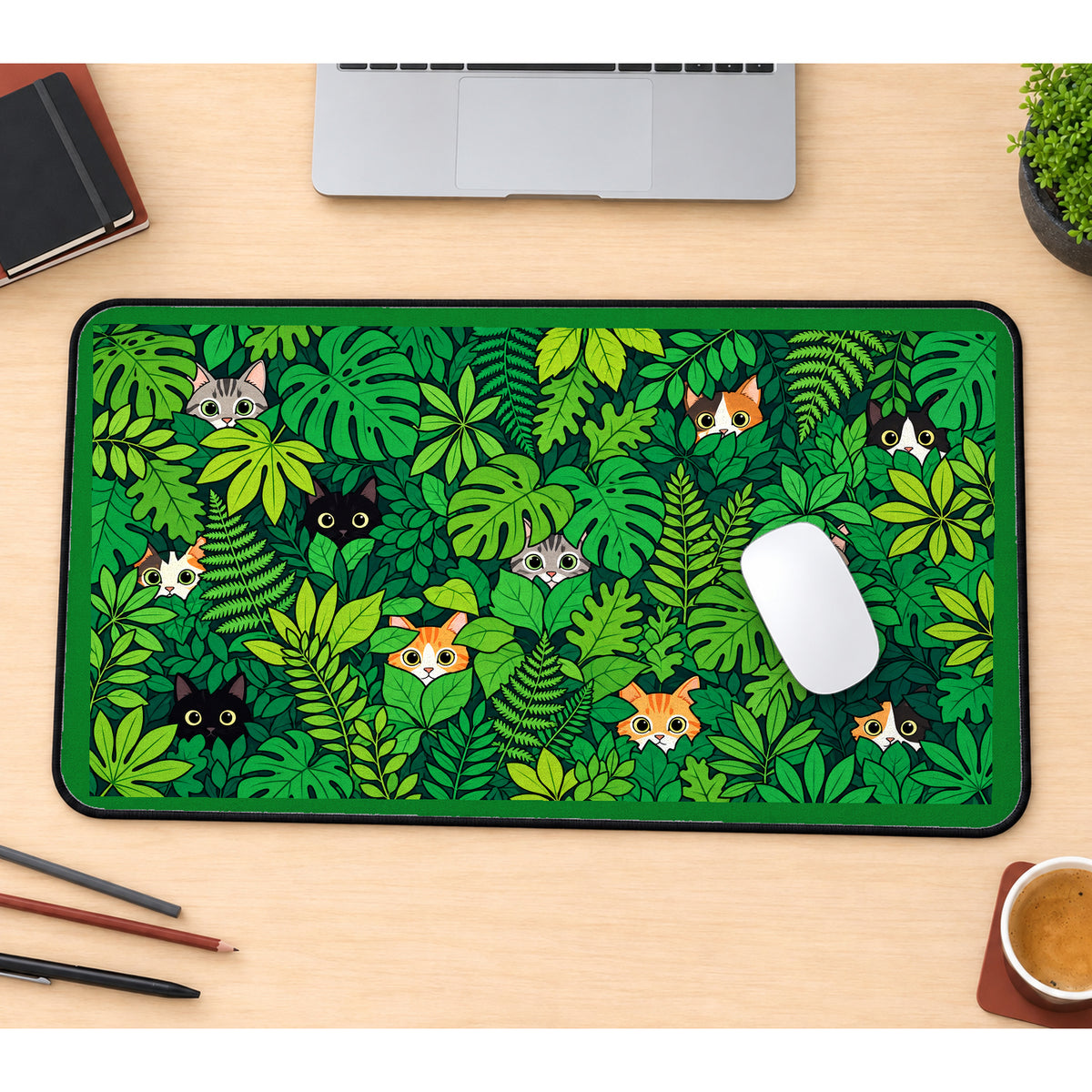 Peeking Cats in Green Leaves desk mat — product mockup 1