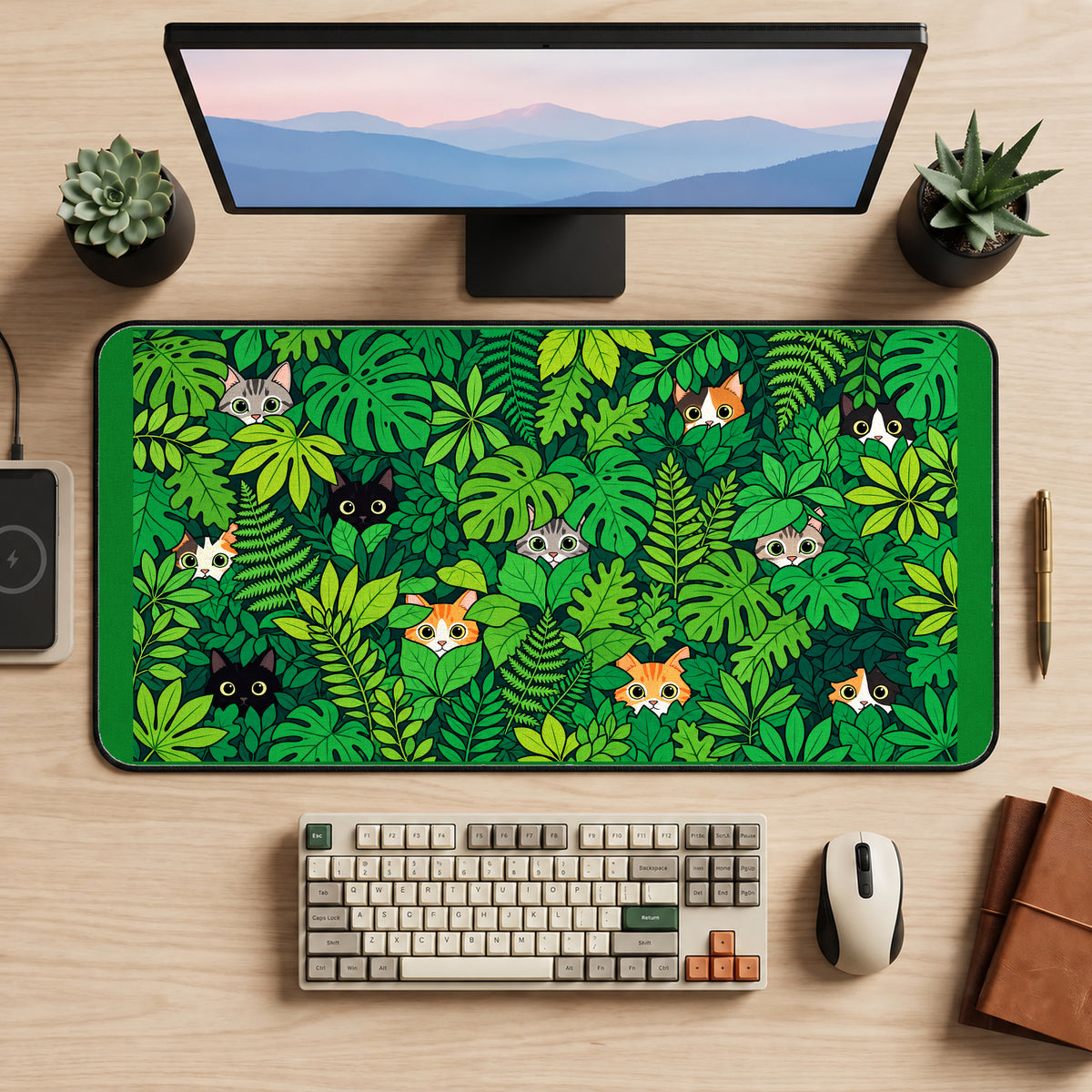 Peeking Cats in Green Leaves desk mat — product mockup 2