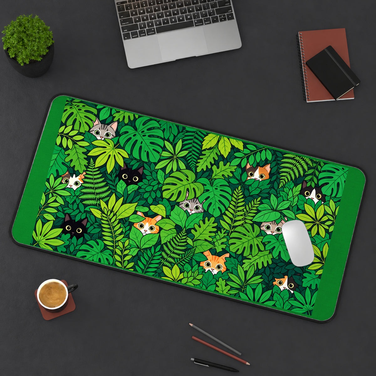 Peeking Cats in Green Leaves desk mat — product mockup 3