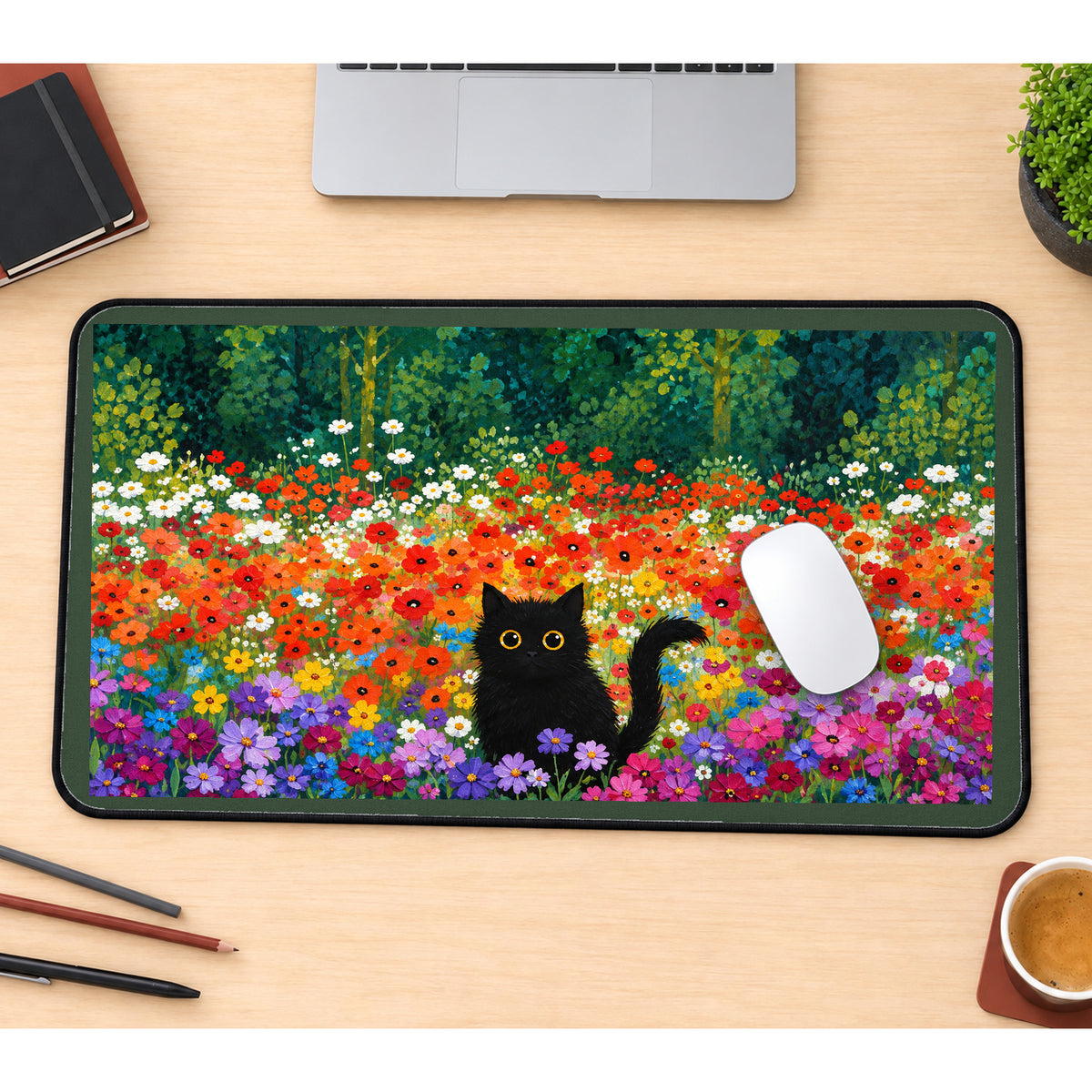 Black Cat in a Poppy Meadow desk mat — product mockup 1