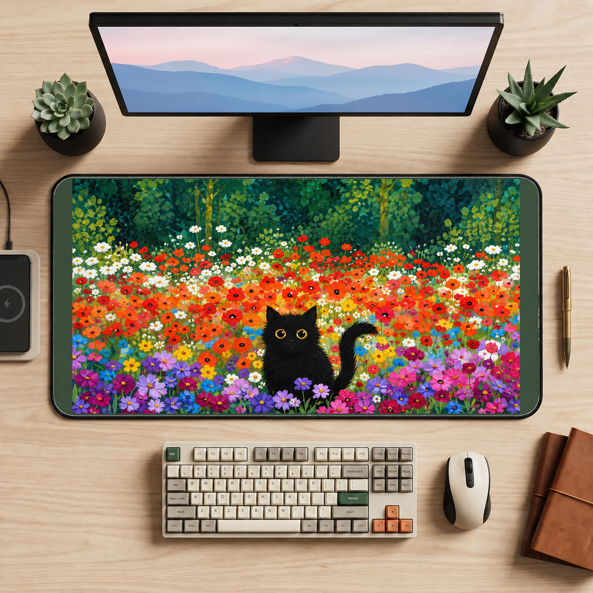 Black Cat in a Poppy Meadow desk mat — product mockup 2