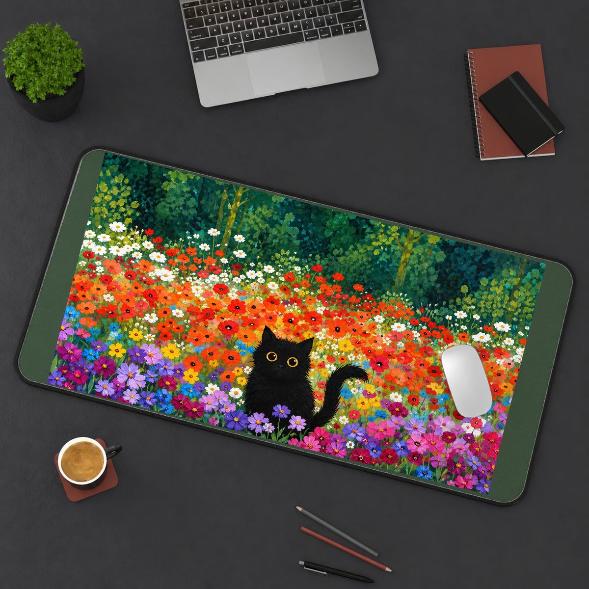 Black Cat in a Poppy Meadow desk mat — product mockup 3