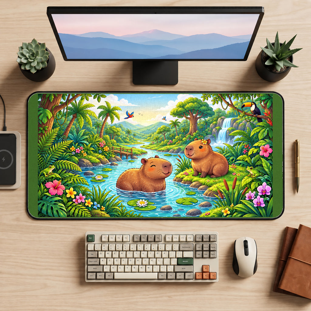 Capybaras at a Jungle River desk mat — product mockup 2