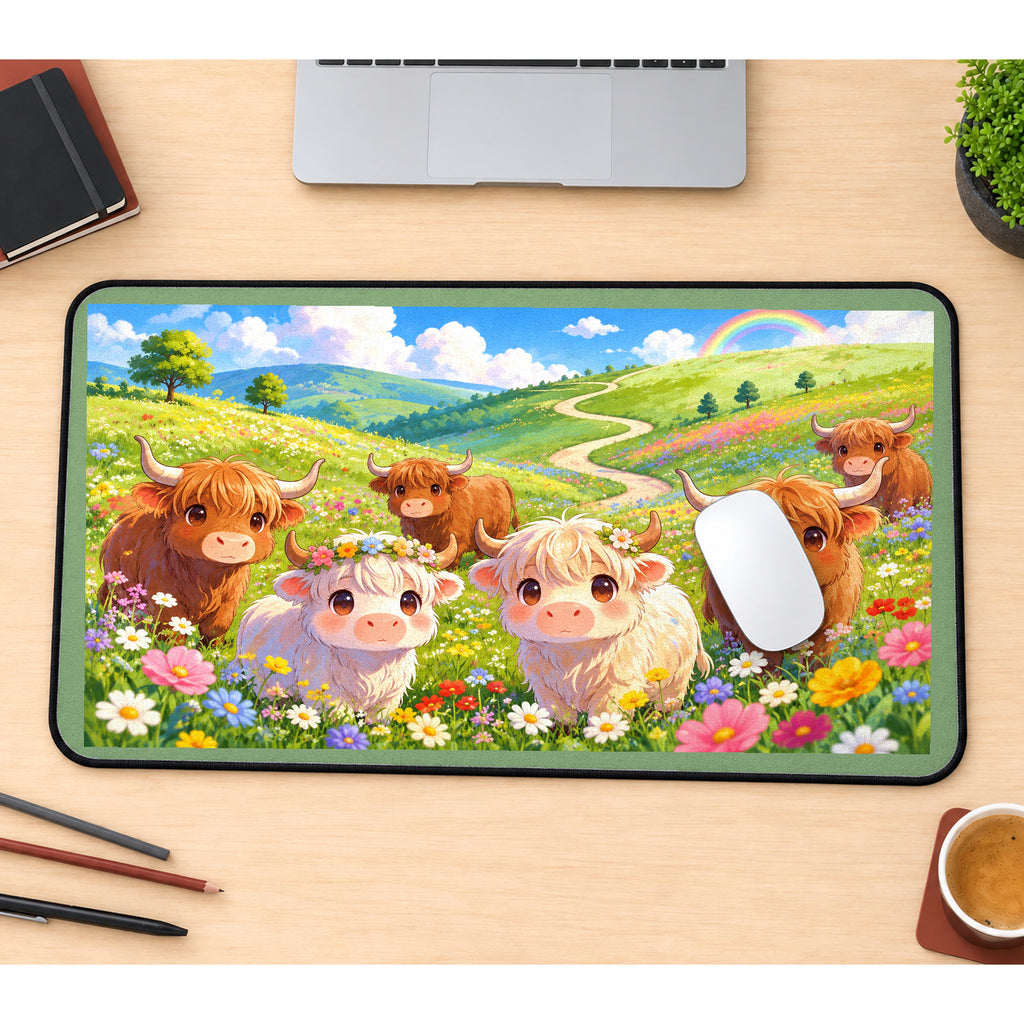 Highland Cow Flower Meadow desk mat — product mockup 1