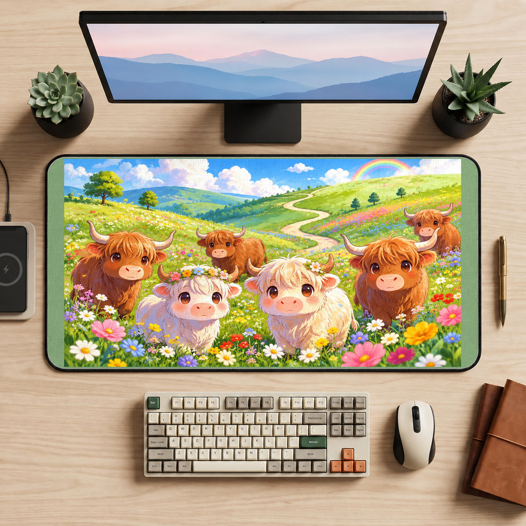 Highland Cow Flower Meadow desk mat — product mockup 2