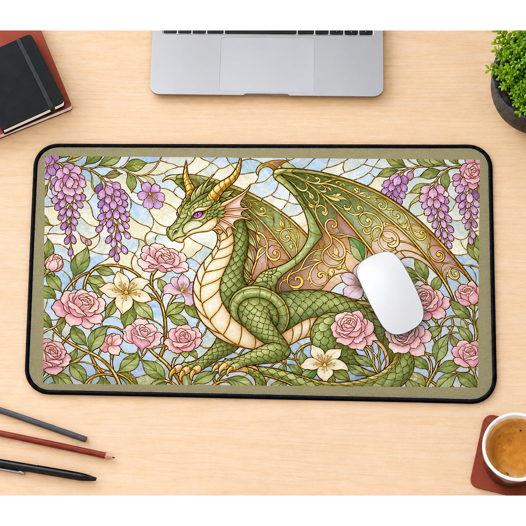 Green Dragon and Wisteria Glass Art desk mat — product mockup 1