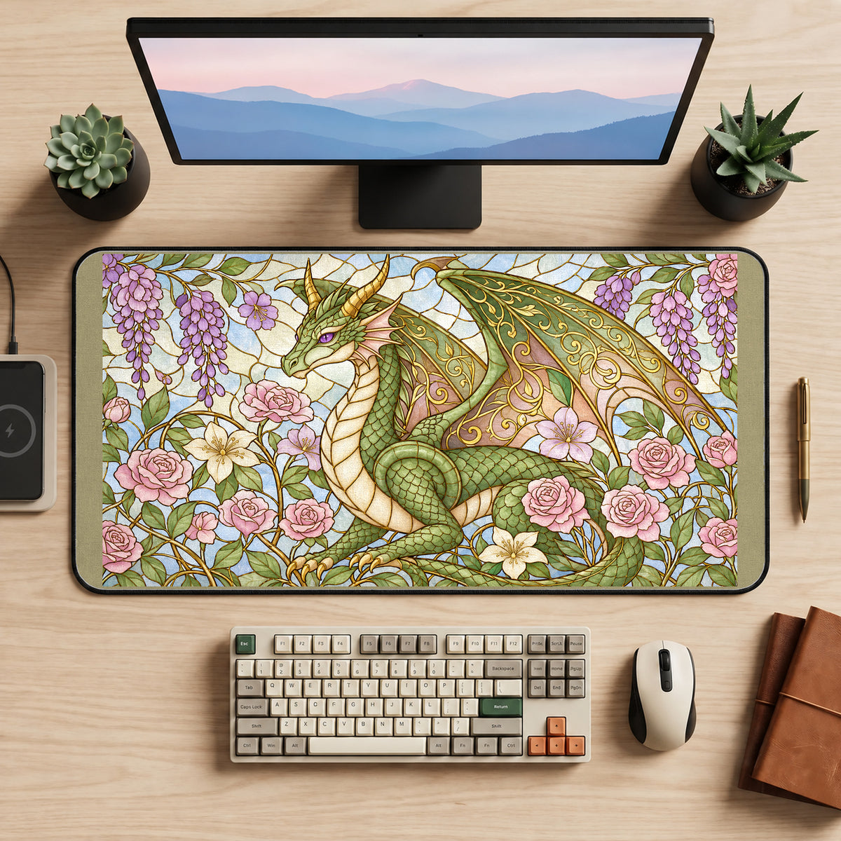 Green Dragon and Wisteria Glass Art desk mat — product mockup 2