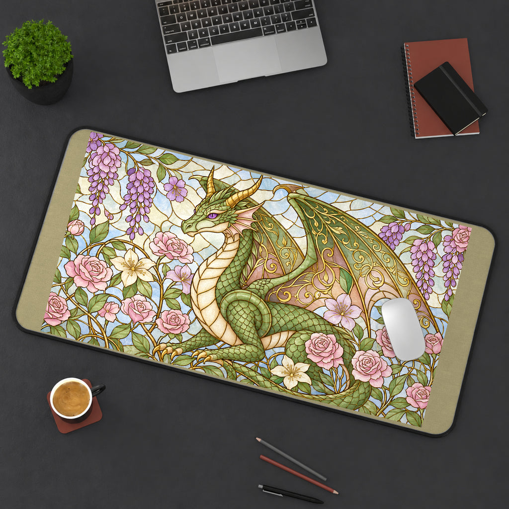 Green Dragon and Wisteria Glass Art desk mat — product mockup 3