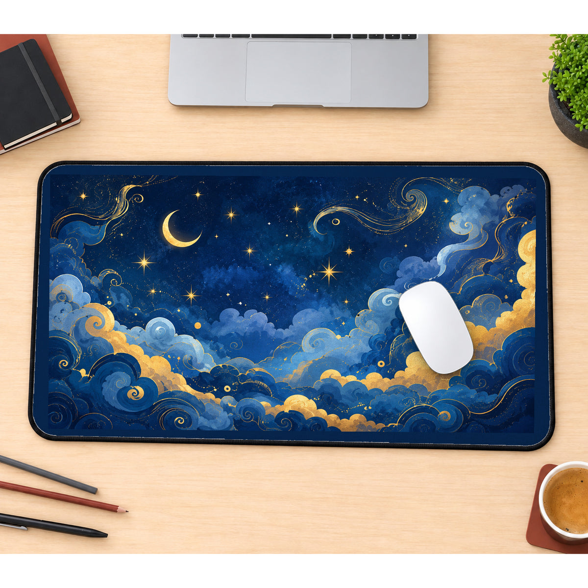 Blue and Gold Celestial Clouds desk mat — product mockup 1