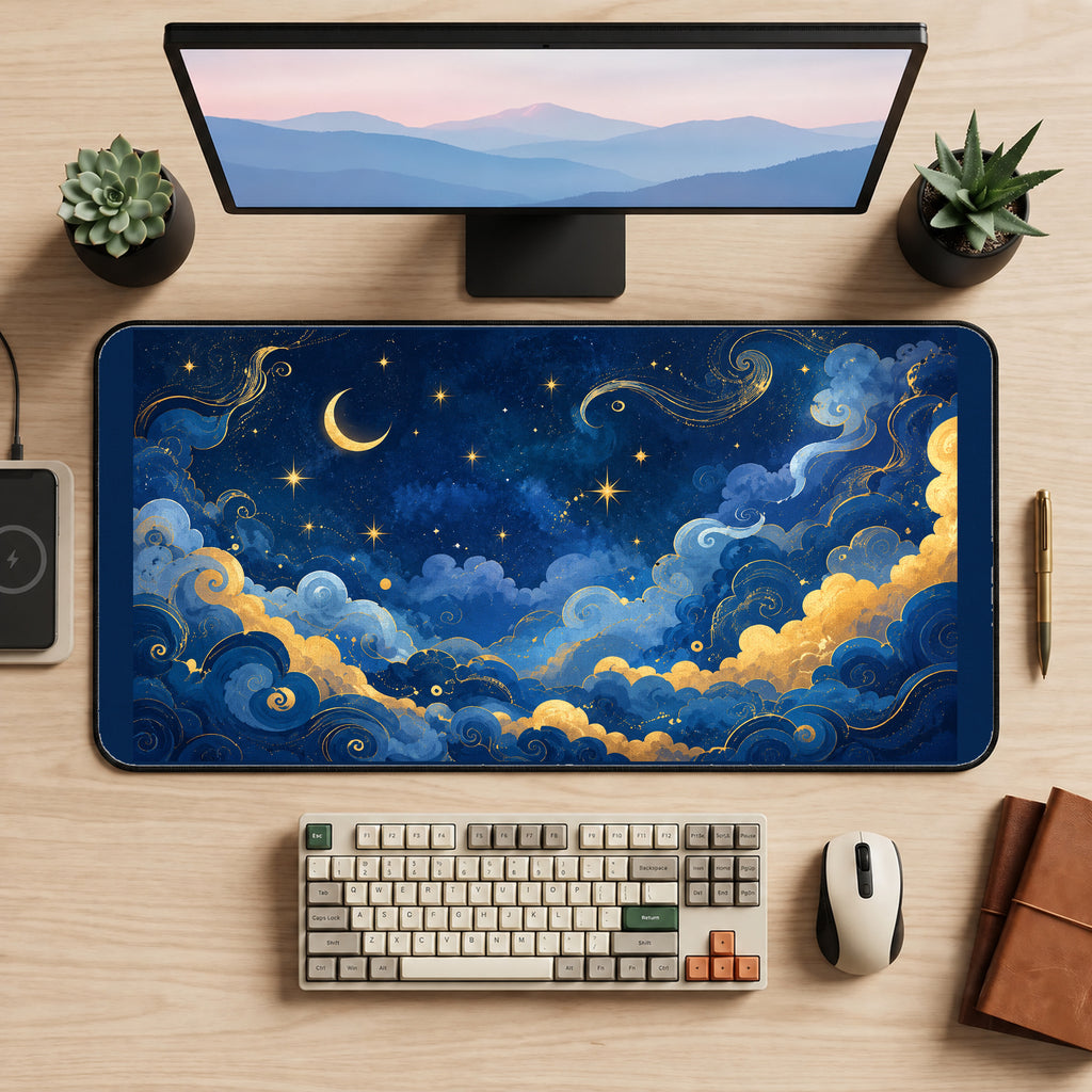 Blue and Gold Celestial Clouds desk mat — product mockup 2