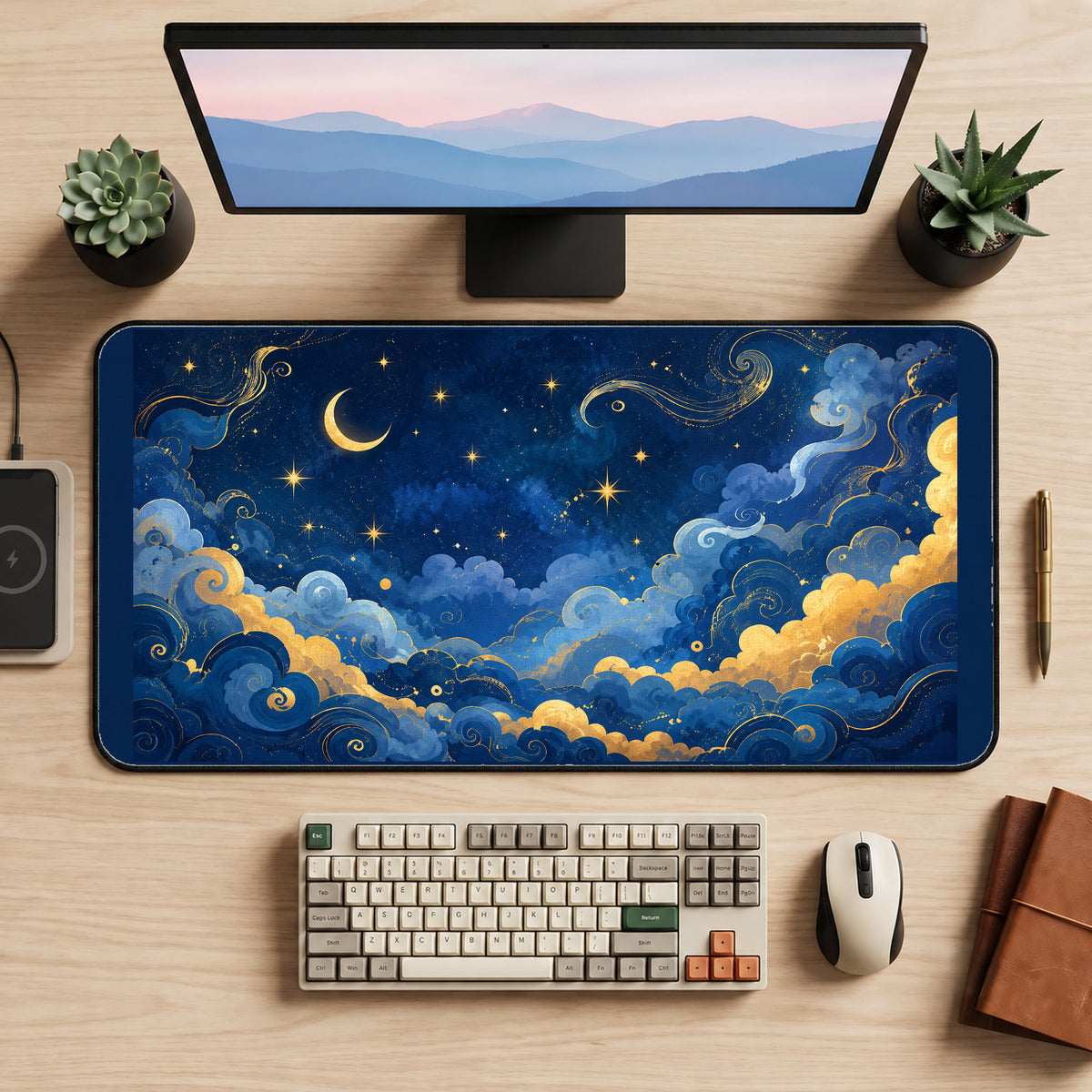 Blue and Gold Celestial Clouds desk mat — product mockup 2