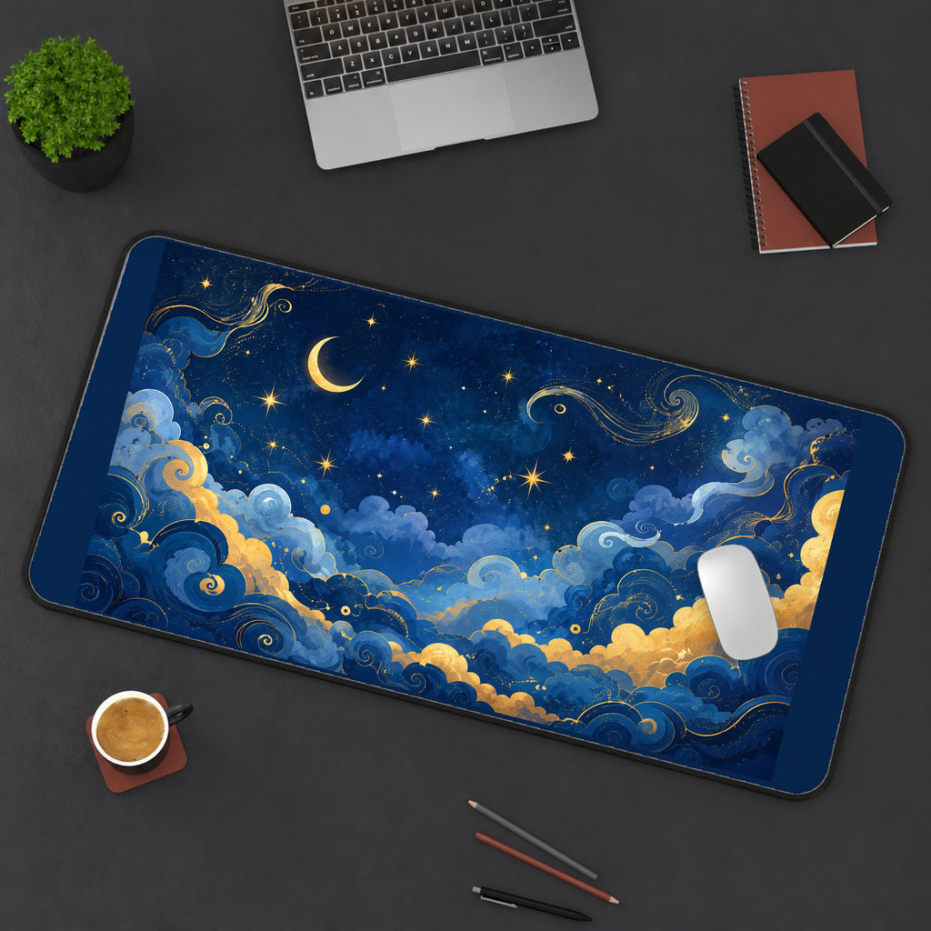 Blue and Gold Celestial Clouds desk mat — product mockup 3