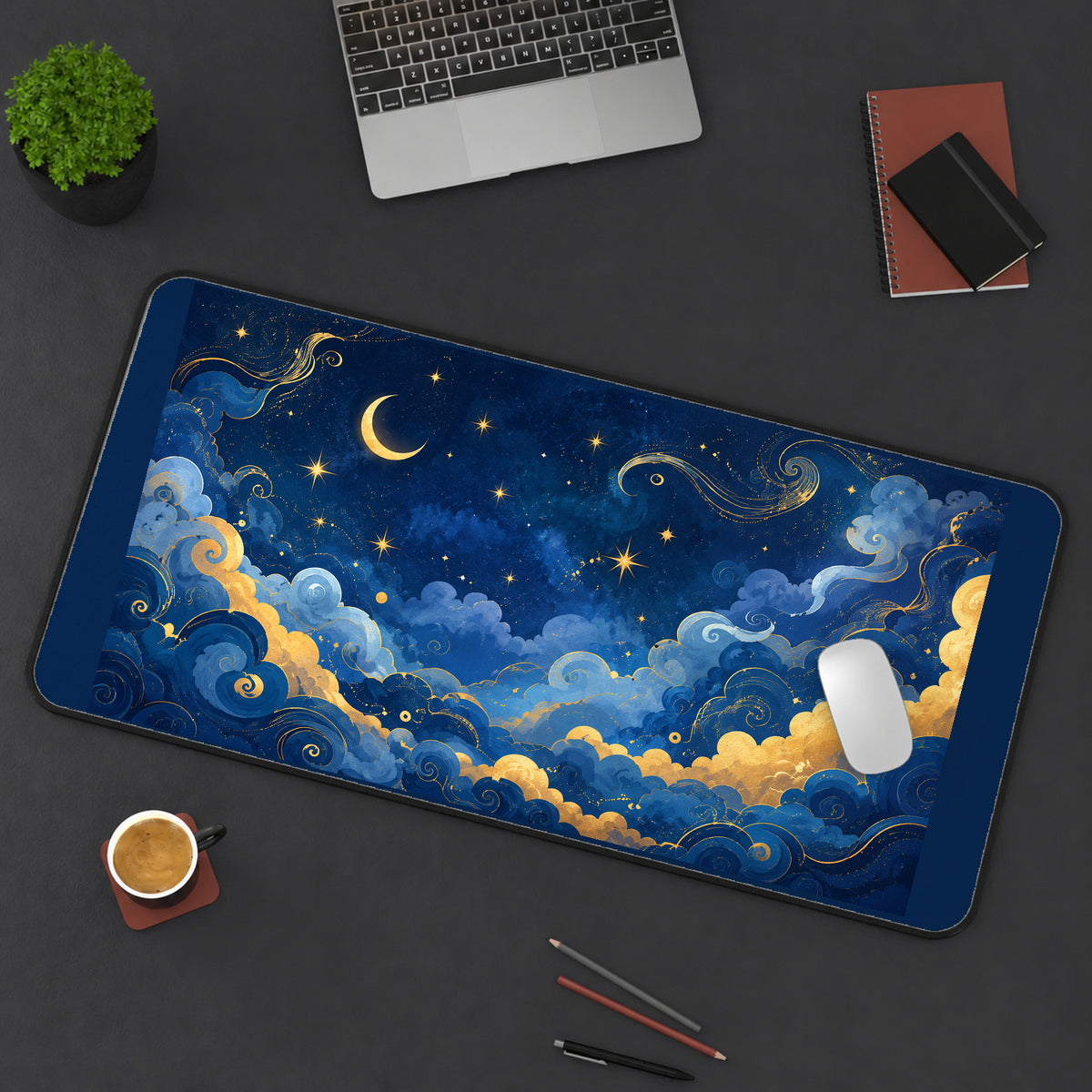 Blue and Gold Celestial Clouds desk mat — product mockup 3