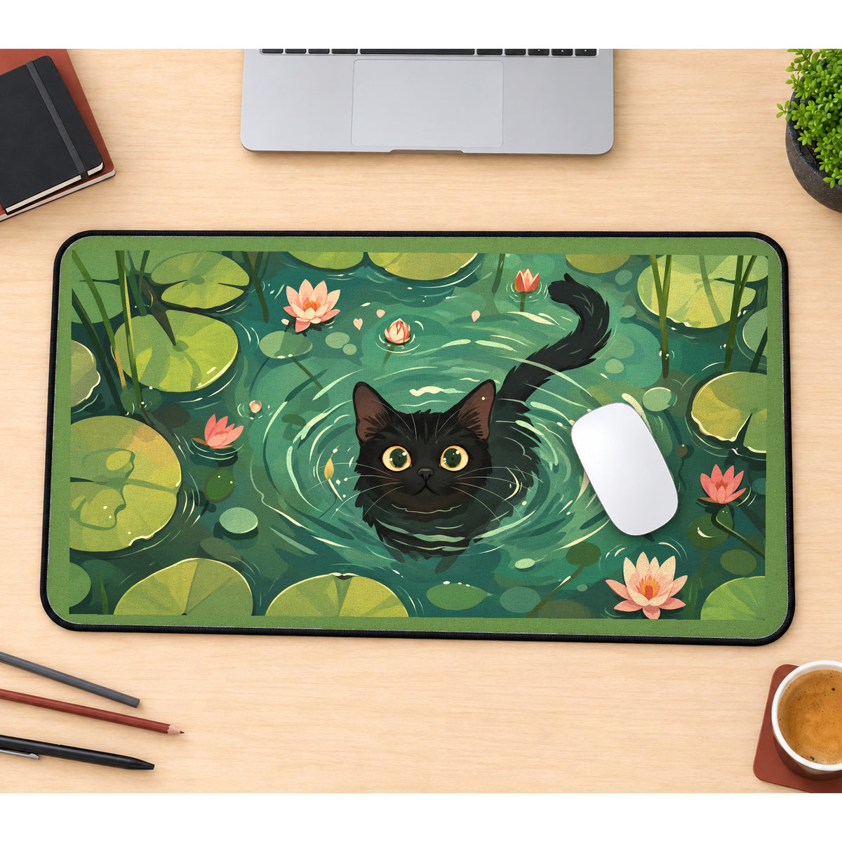 Black Cat Swimming in Lily Pond desk mat — product mockup 1