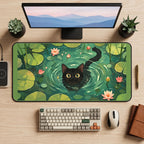 Black Cat Swimming in Lily Pond desk mat — product mockup 2
