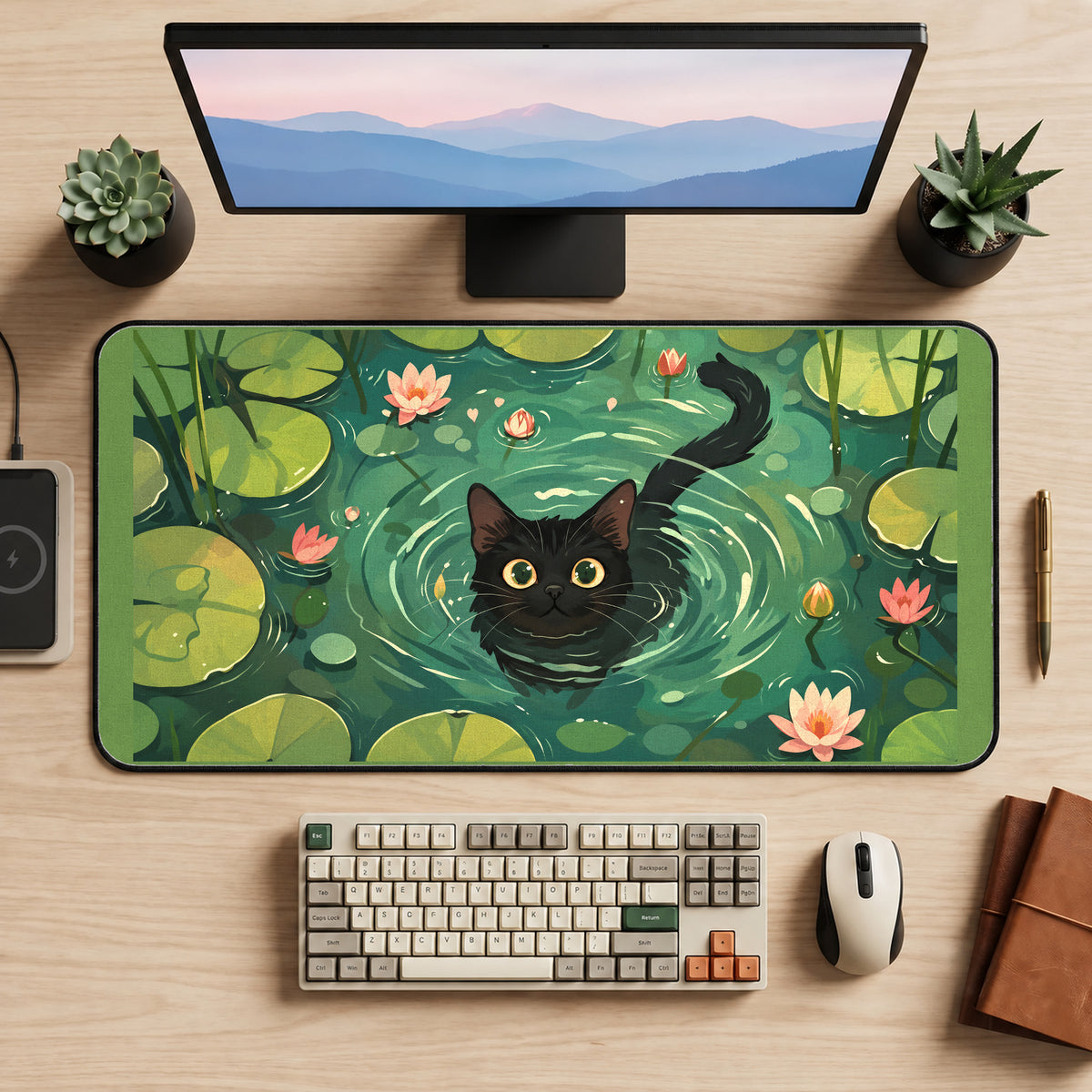 Black Cat Swimming in Lily Pond desk mat — product mockup 2