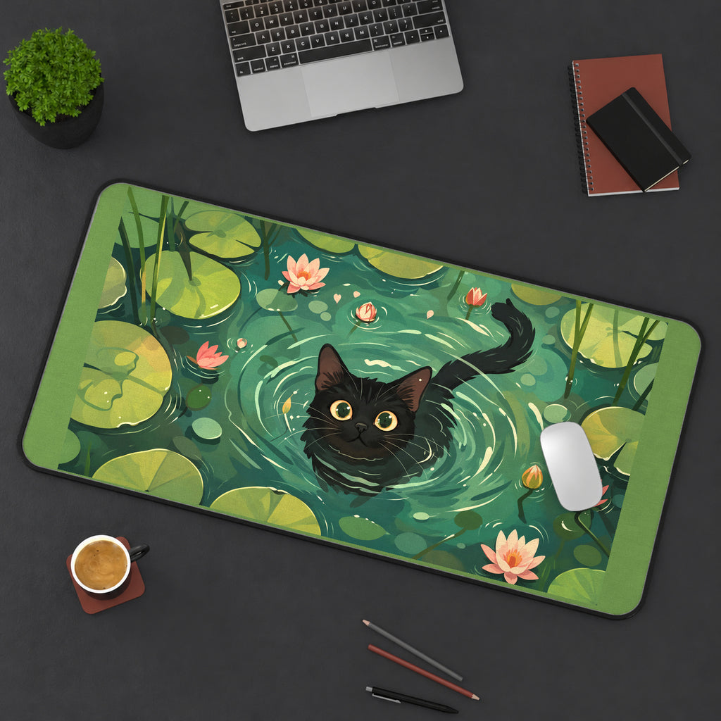 Black Cat Swimming in Lily Pond desk mat — product mockup 3