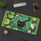 Black Cat Swimming in Lily Pond desk mat — product mockup 3