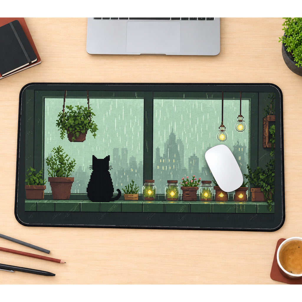 Black Cat at a Rainy Window desk mat — product mockup 1