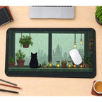 Black Cat at a Rainy Window desk mat — product mockup 1