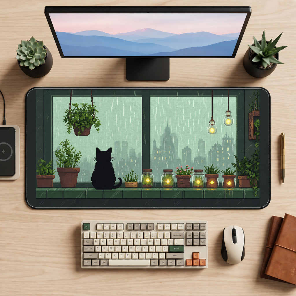 Black Cat at a Rainy Window desk mat — product mockup 2