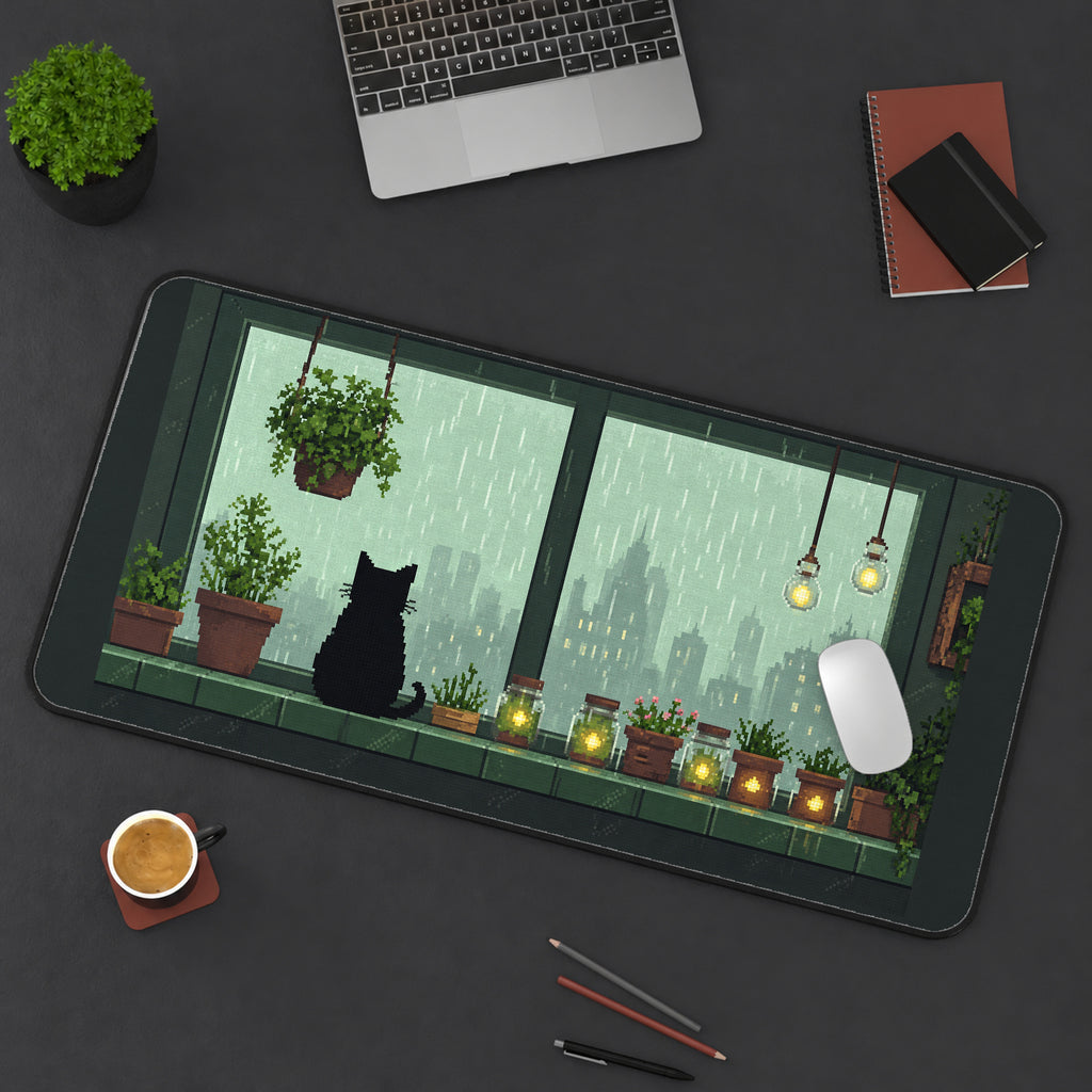 Black Cat at a Rainy Window desk mat — product mockup 3