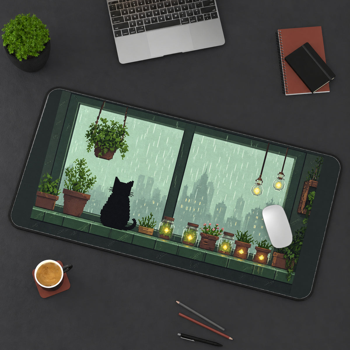 Black Cat at a Rainy Window desk mat — product mockup 3