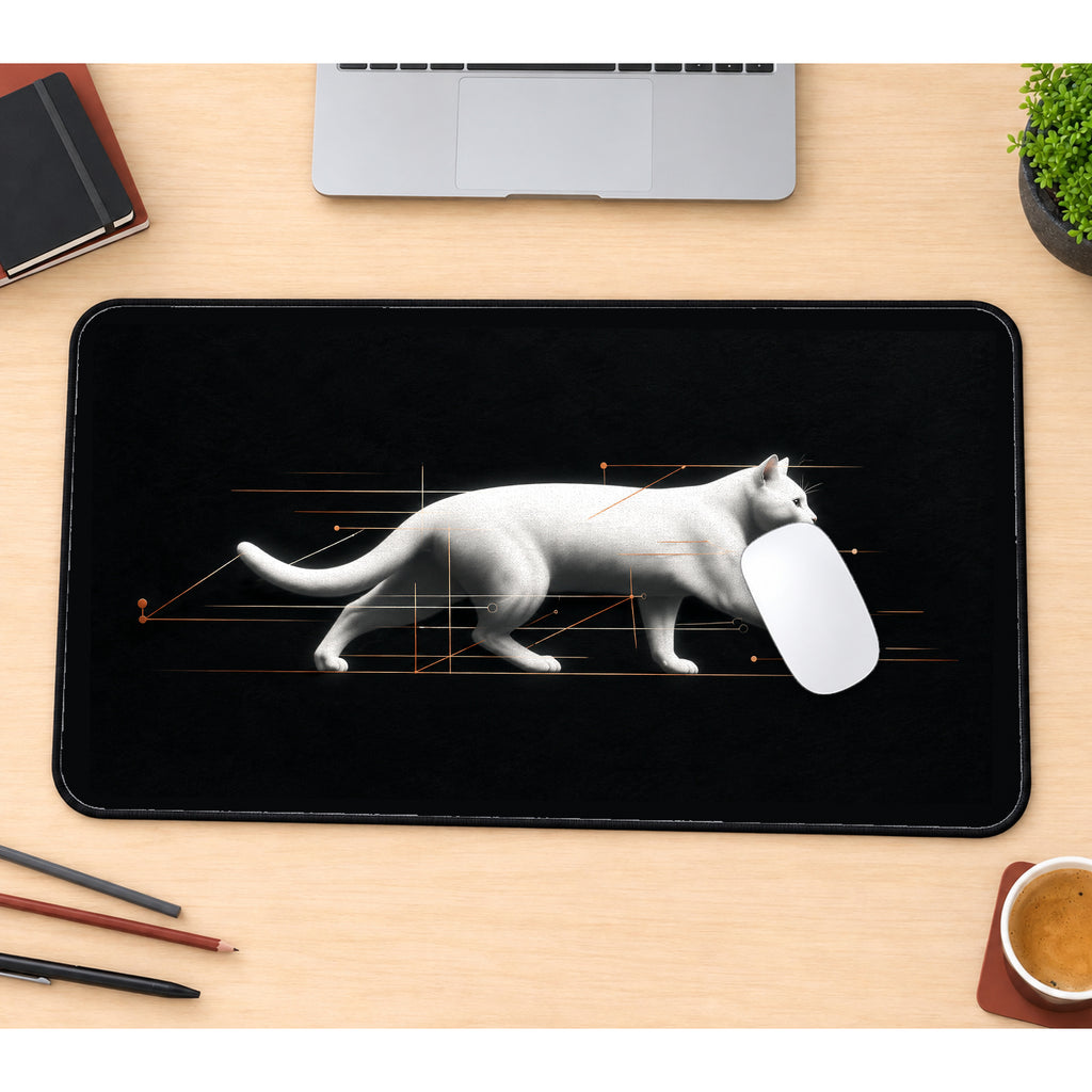 White Quantum Cat desk mat — product mockup 1