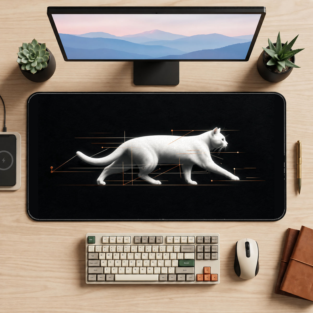 White Quantum Cat desk mat — product mockup 2