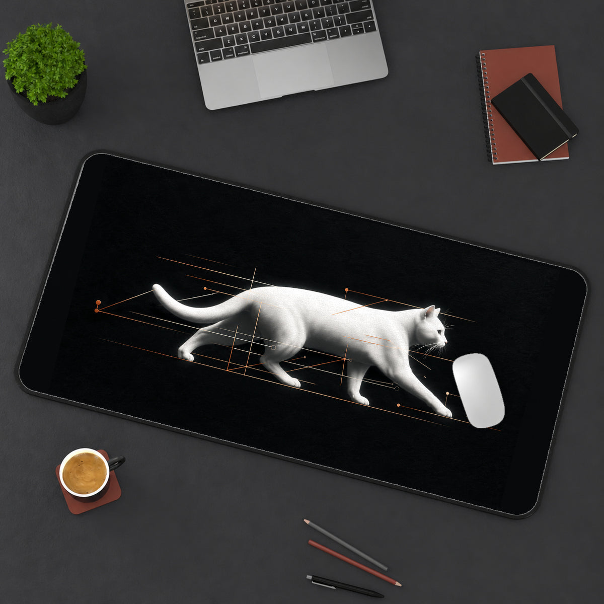 White Quantum Cat desk mat — product mockup 3