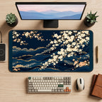 Navy Cherry Blossom Waves desk mat — product mockup 2