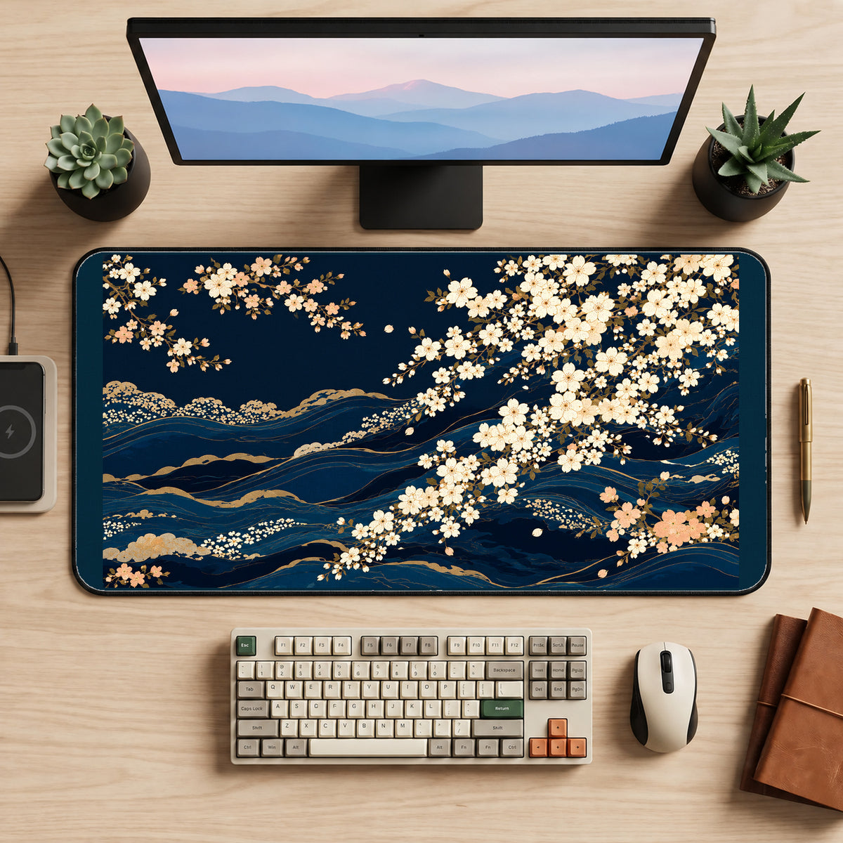 Navy Cherry Blossom Waves desk mat — product mockup 2