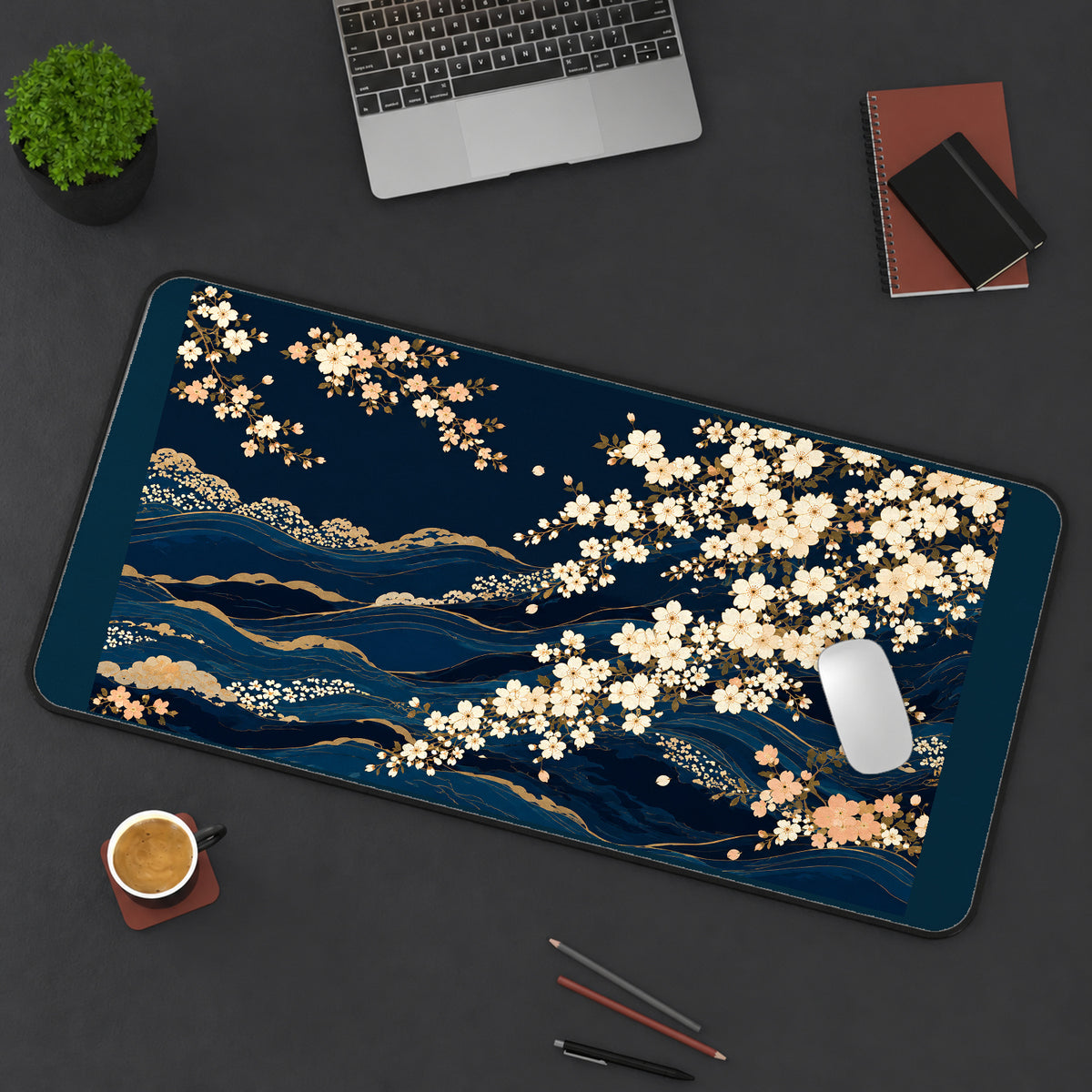 Navy Cherry Blossom Waves desk mat — product mockup 3