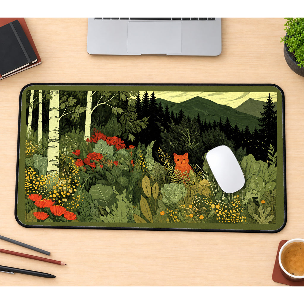 Hidden Orange Cat in Forest Leaves desk mat — product mockup 1